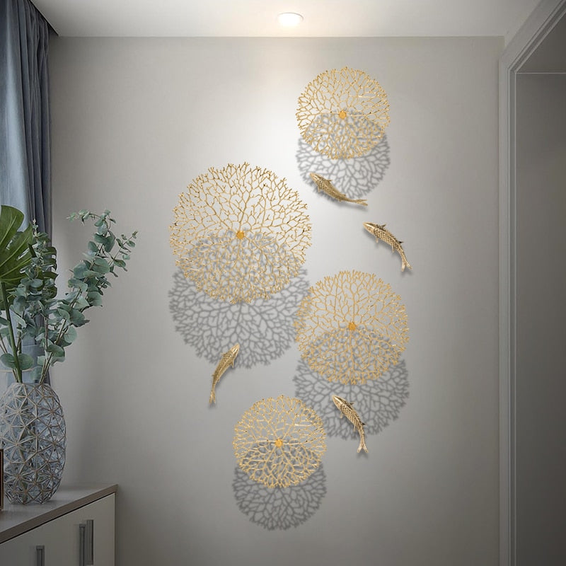 Metal Wall Art -  Background Wall Decoration Simulation Pond Goldfish Lotus Leaf Coral Golden Decoration