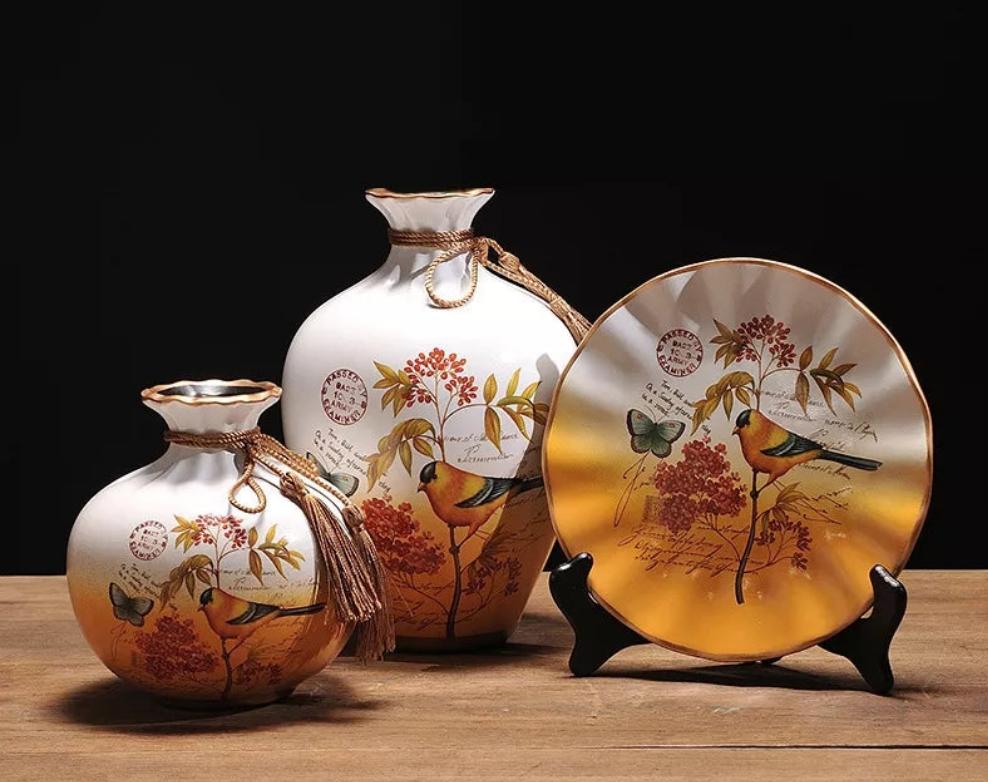 Ceramic 3PC Vases/ Jars set  With Ceramic Plate