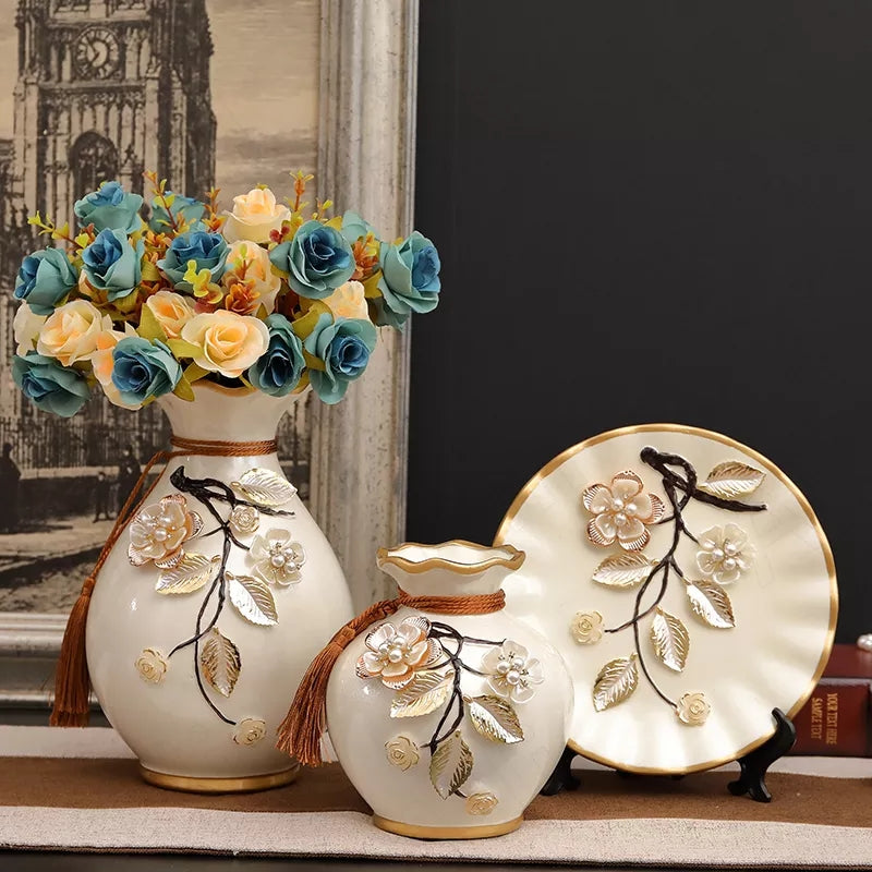 Ceramic 3PC Vases/ Jars set  With Ceramic Plate