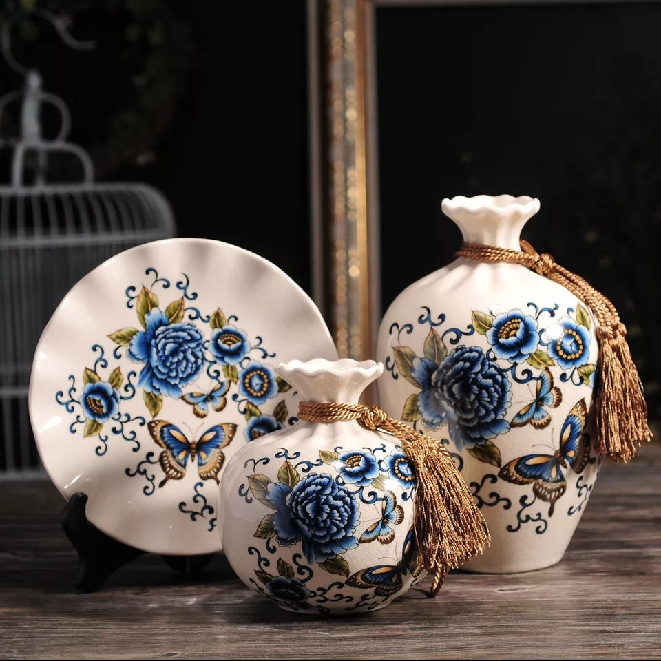 Ceramic 3PC Vases/ Jars set  With Ceramic Plate