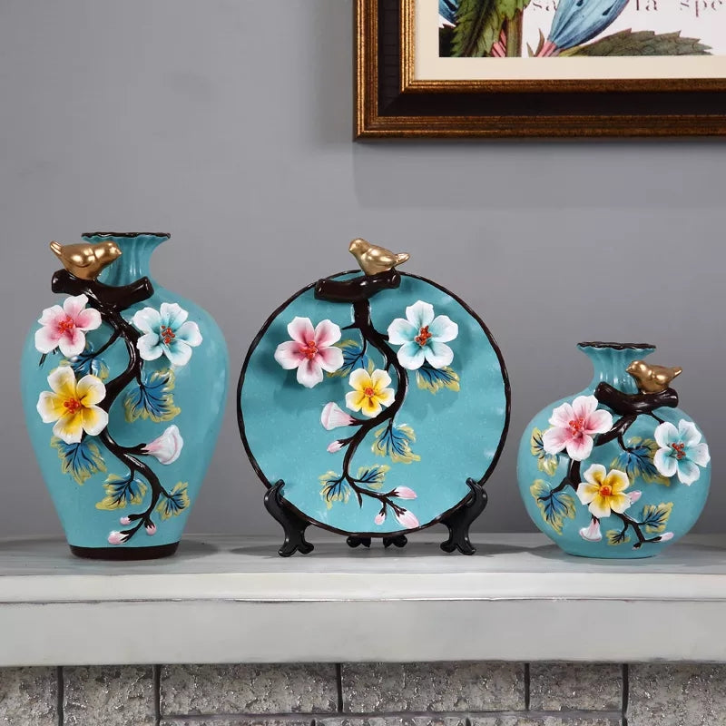 Ceramic 3PC Vases/ Jars set  with Ceramic Plate