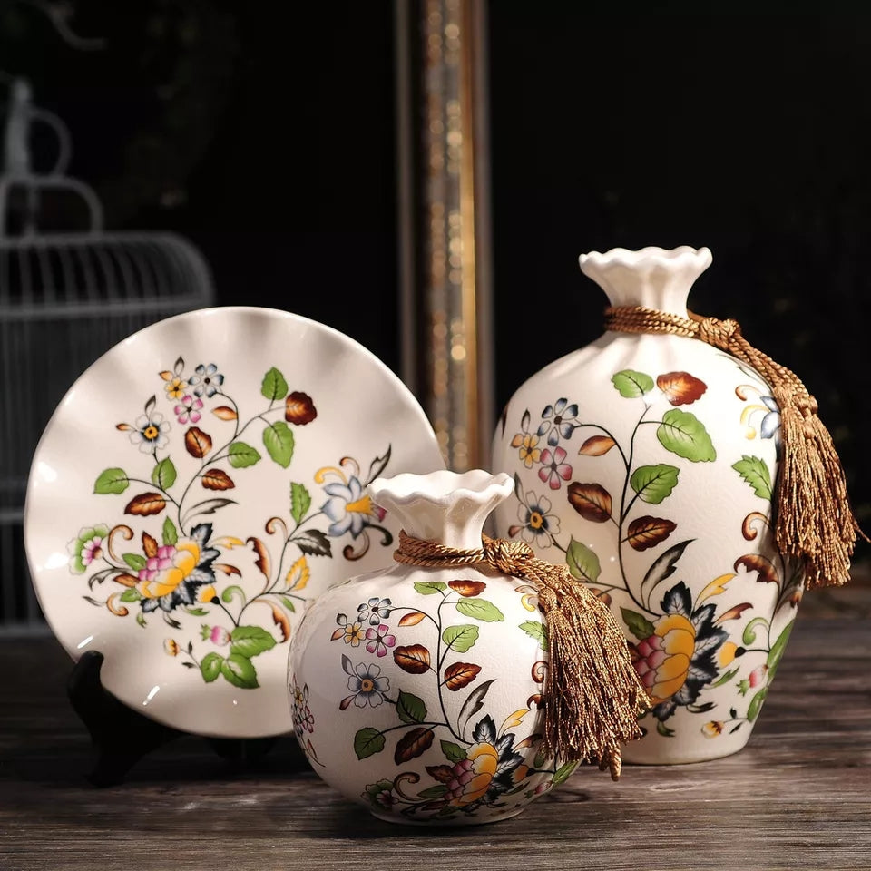 Ceramic 3PC Vases/ Jars set  With Ceramic Plate