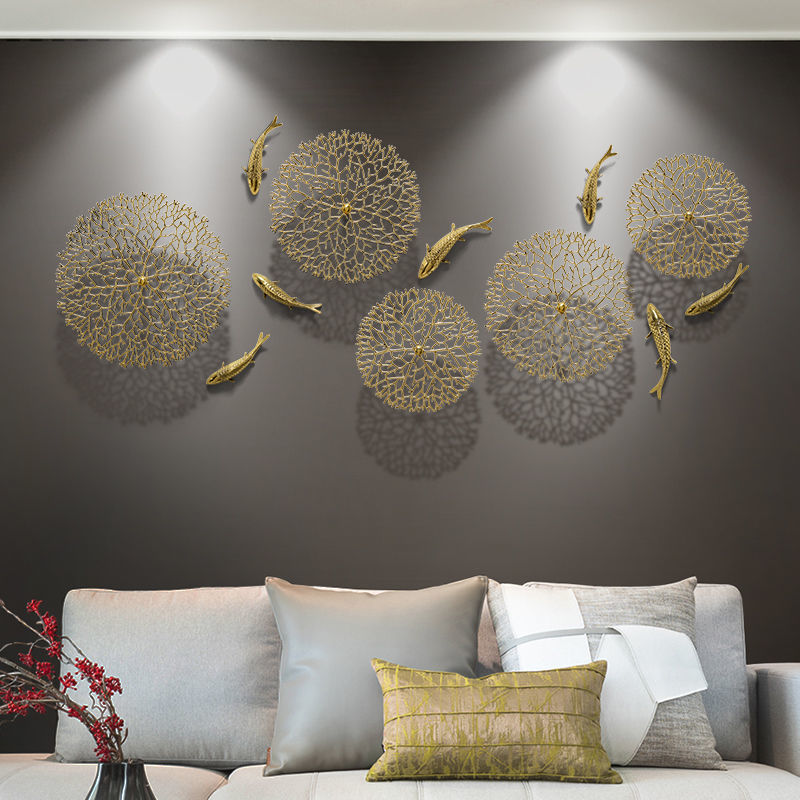 Metal Wall Art -  Background Wall Decoration Simulation Pond Goldfish Lotus Leaf Coral Golden Decoration