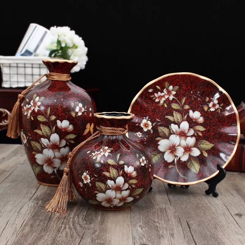 Ceramic 3PC Vases/ Jars set  With Ceramic Plate