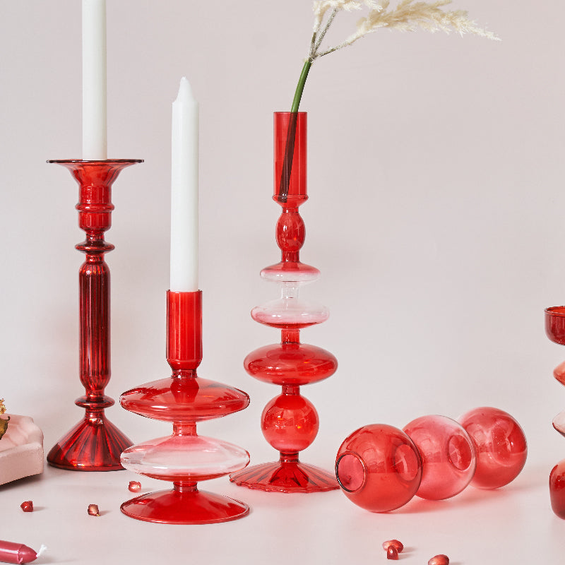 Candleholder and Vase - Red Glass Taper Candle Holder Table Decoration