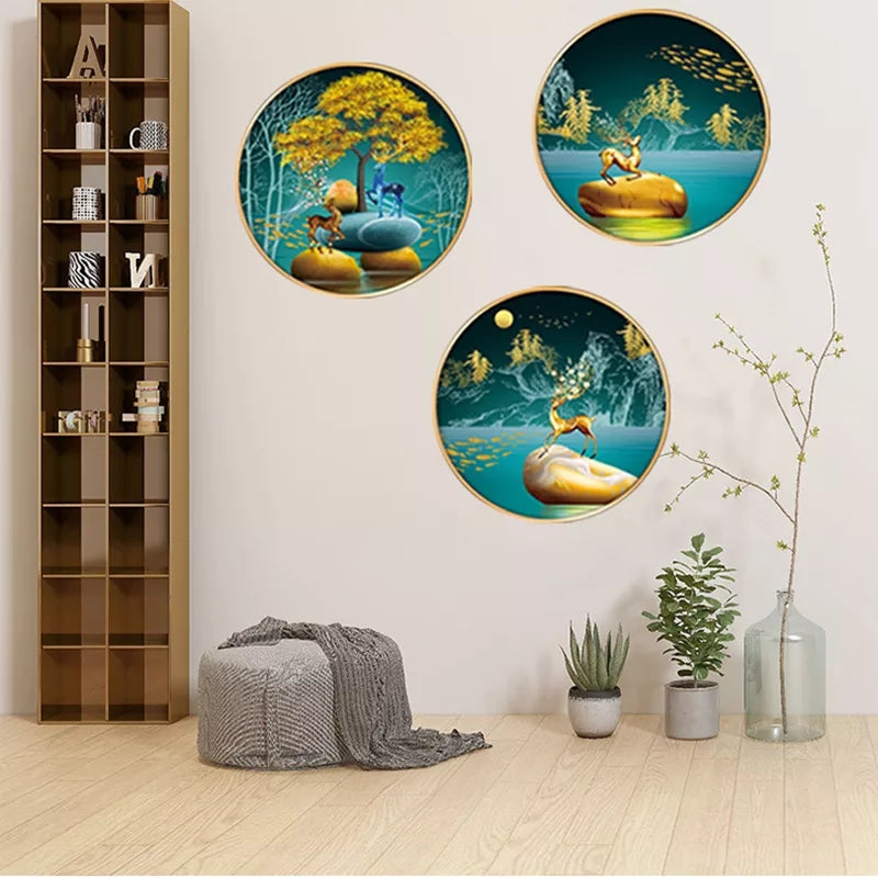 3PC Same Size Circle Canvas / Crystal Porcelain / LED Wall Art Lamp Abstract Wall Hanging