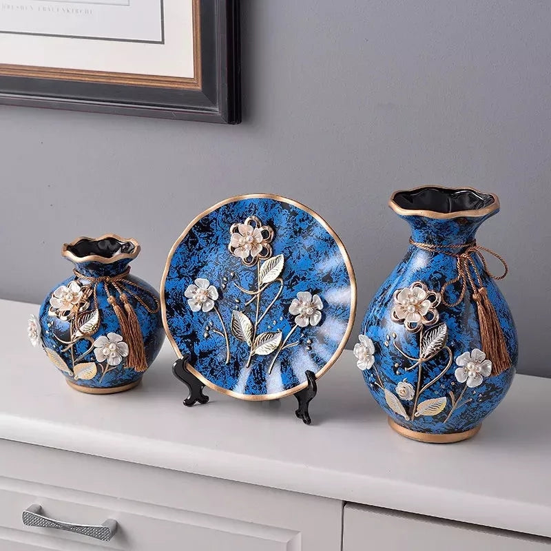 Ceramic 3PC Vases/ Jars set  With Ceramic Plate