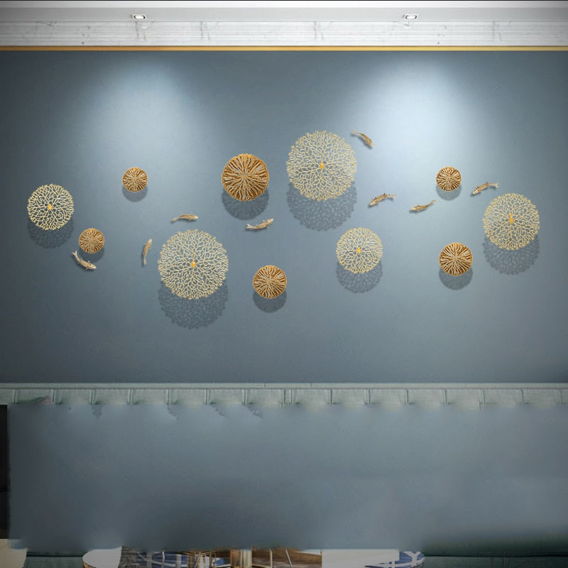 Metal Wall Art -  Background Wall Decoration Simulation Pond Goldfish Lotus Leaf Coral Golden Decoration