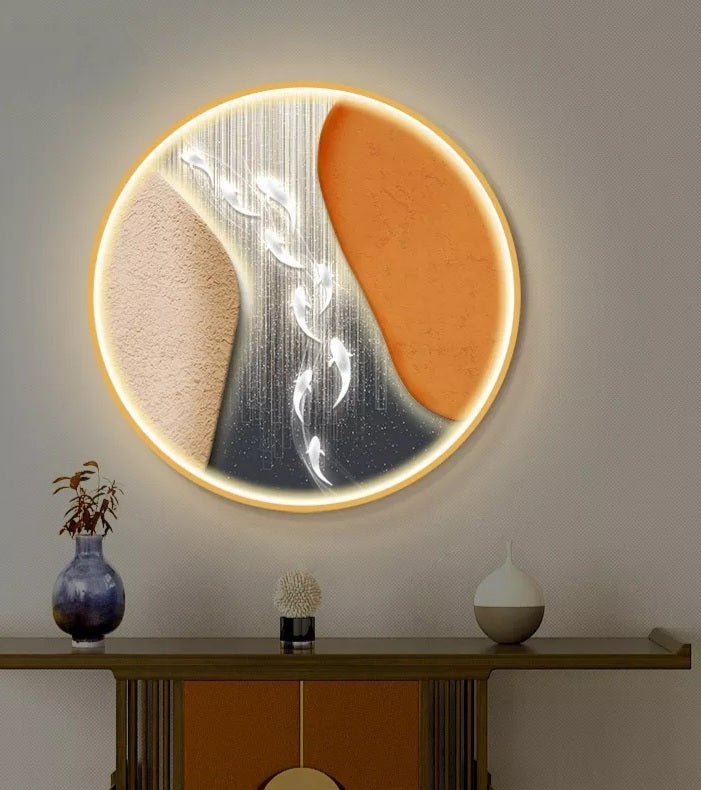 FINAL Single Circle Canvas / Crystal Porcelain / LED Wall Art Lamp Abstract Wall Hanging