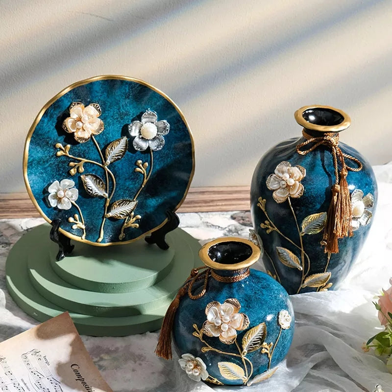 Ceramic 3PC Vases/ Jars set  With Ceramic Plate