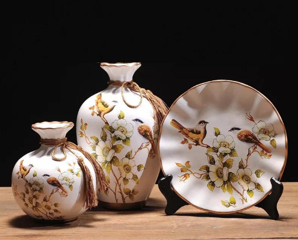 Ceramic 3PC Vases/ Jars set  With Ceramic Plate