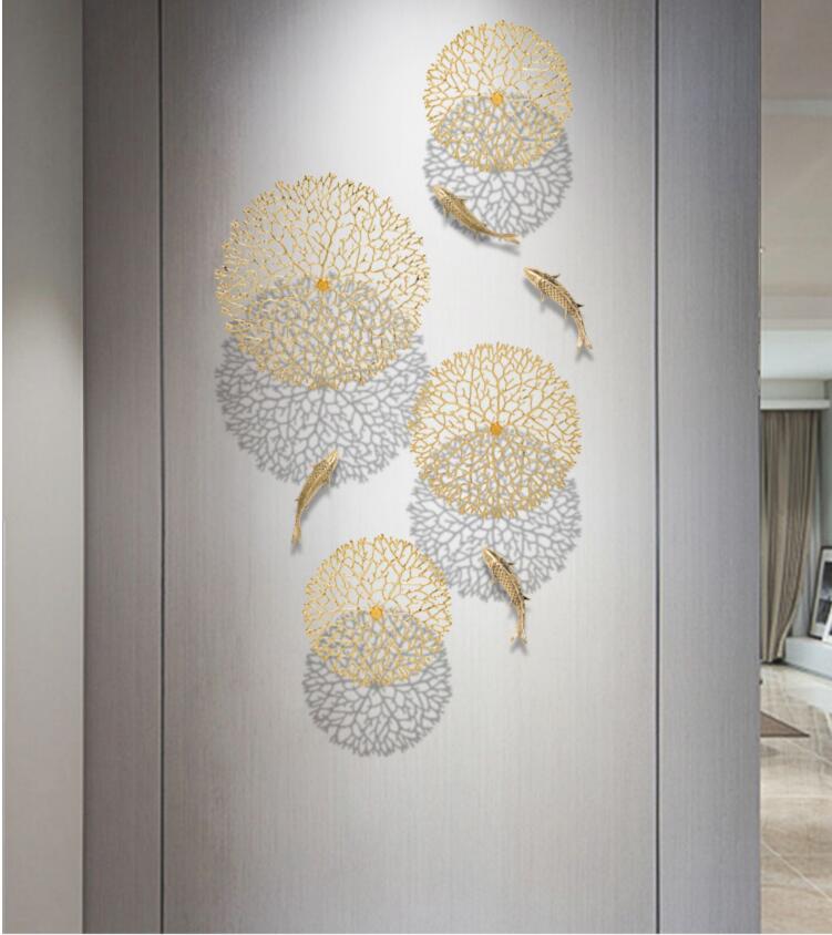 Metal Wall Art -  Background Wall Decoration Simulation Pond Goldfish Lotus Leaf Coral Golden Decoration