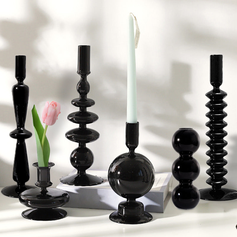 Candleholder -  Black Glass Flower Vase