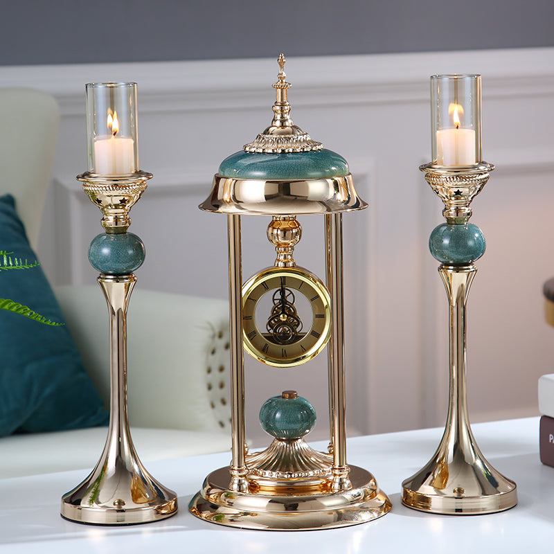 Candle Holders - Metal Candlestick Gold Columns and table Clock