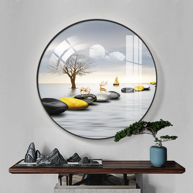 FINAL Single Circle Canvas / Crystal Porcelain / LED Wall Art Lamp Abstract Wall Hanging