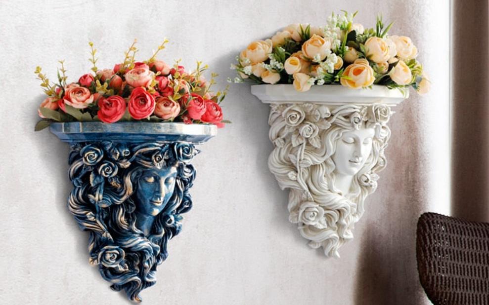 Wall Hanging Vase - Europe Retro Wall Resin Vase Fake Flower Floral Pot