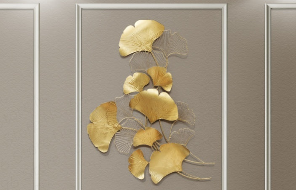 Metal Wall Art - Modern Chinese Gold Wrought Iron Ginkgo Leaf Wall Decoration