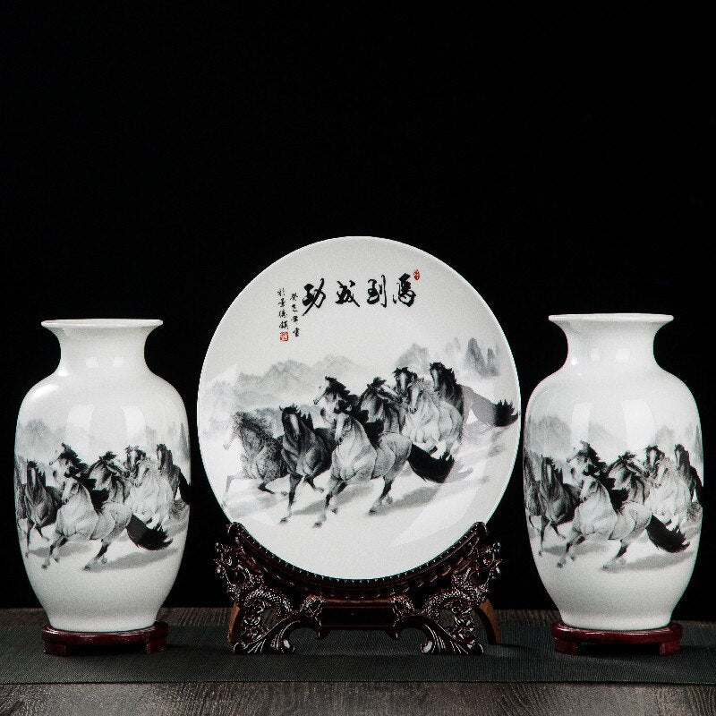 Ceramic Plate / Chinese Pot - Porcelain White Three Piece Vase Decoration Modern Chinese Style