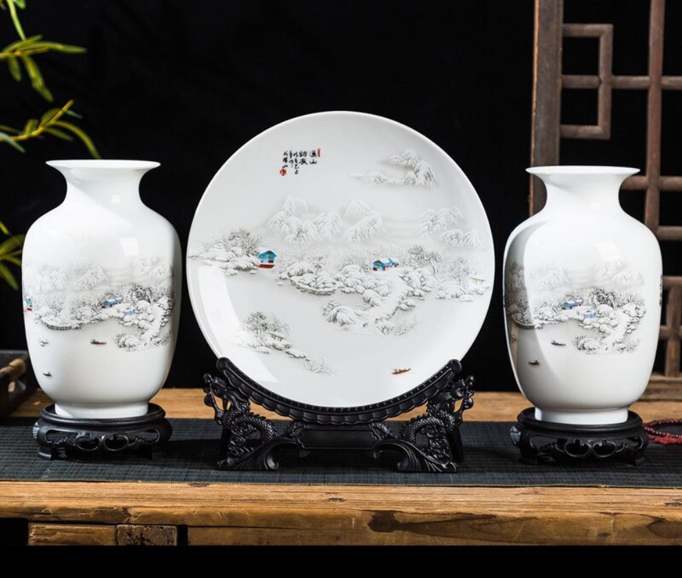 Ceramic Plate / Chinese Pot - Porcelain White Three Piece Vase Decoration Modern Chinese Style