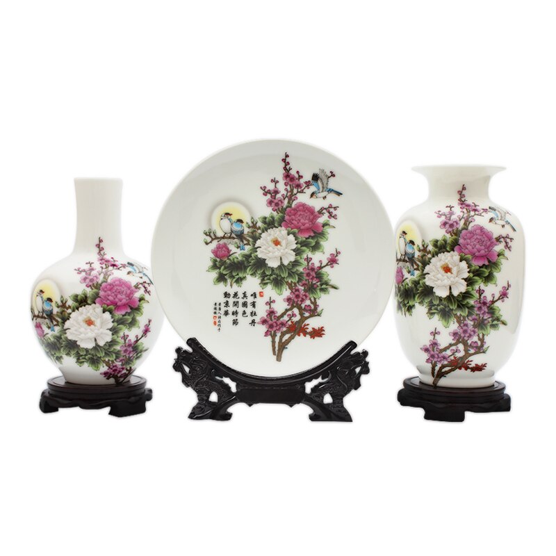 Ceramic Plate / Jingdezhen Chinese Pot - Plate and Jar 3PCS Jingdezhen Ceramic Vases Chinese Flower Ornaments