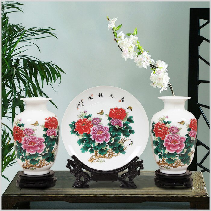 Ceramic Plate / Jingdezhen Chinese Pot - Plate and Jar 3PCS Jingdezhen Ceramic Vases Chinese Flower Ornaments