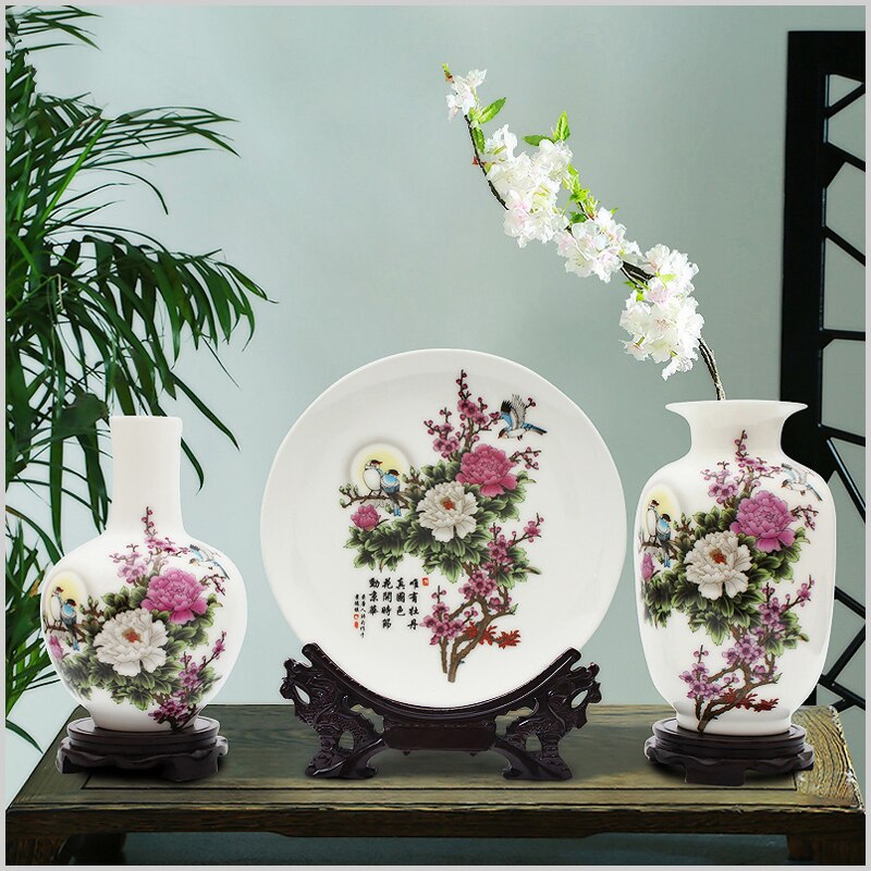 Ceramic Plate / Jingdezhen Chinese Pot - Plate and Jar 3PCS Jingdezhen Ceramic Vases Chinese Flower Ornaments