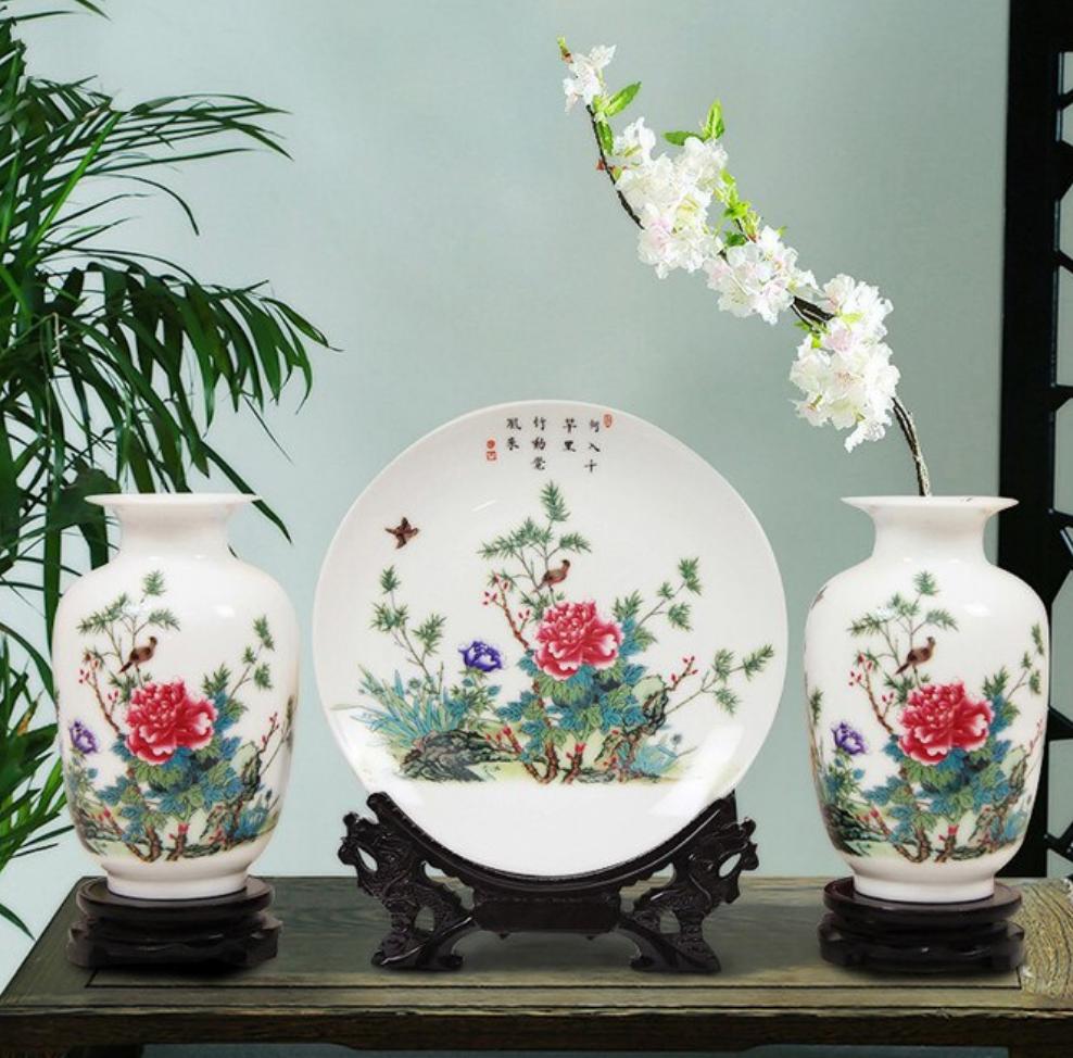 Ceramic Plate / Jingdezhen Chinese Pot - Plate and Jar 3PCS Jingdezhen Ceramic Vases Chinese Flower Ornaments