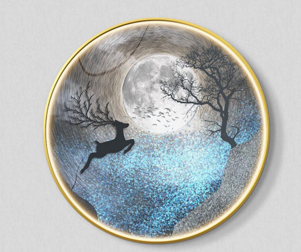 FINAL Single Circle Canvas / Crystal Porcelain / LED Wall Art Lamp Abstract Wall Hanging