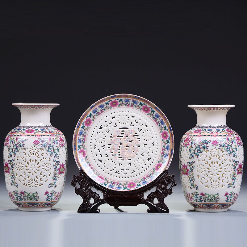 Ceramic Plate / Chinese Pot - White Porcelain Hollow Vase Ornaments Three Pieces Of Antique New Chinese Ornaments vase