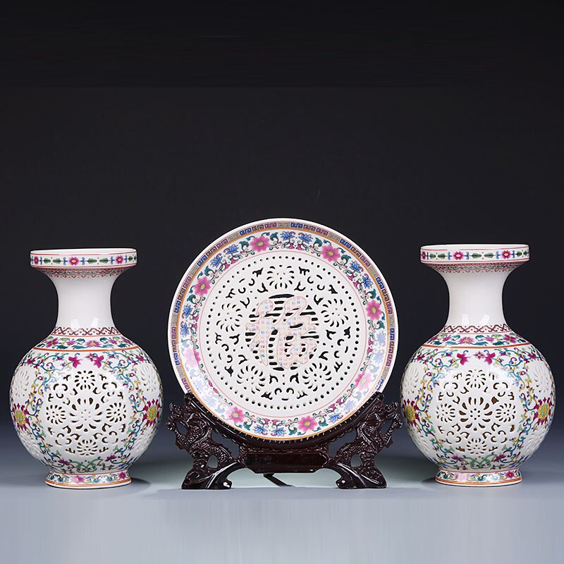 Ceramic Plate / Chinese Pot - White Porcelain Hollow Vase Ornaments Three Pieces Of Antique New Chinese Ornaments vase