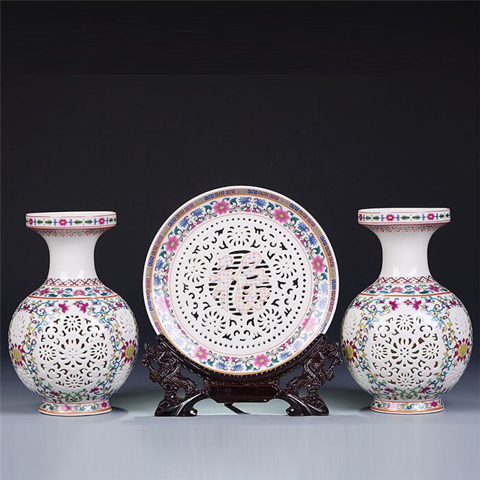 Ceramic Plate / Chinese Pot - White Porcelain Hollow Vase Ornaments Three Pieces Of Antique New Chinese Ornaments vase