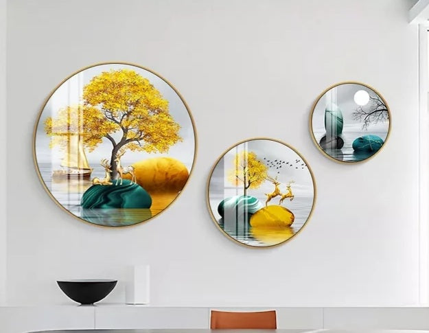 FINAL Different Size 3PC Circle Canvas / Crystal Porcelain / LED Wall Art Lamp Abstract Wall Hanging