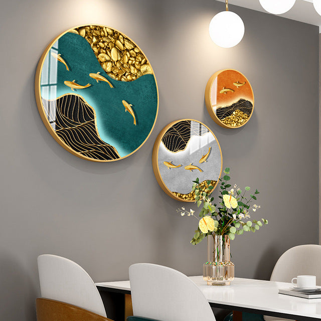 Different Size 3PC Circle Canvas / Crystal Porcelain / LED Wall Art Lamp Abstract Wall Hanging