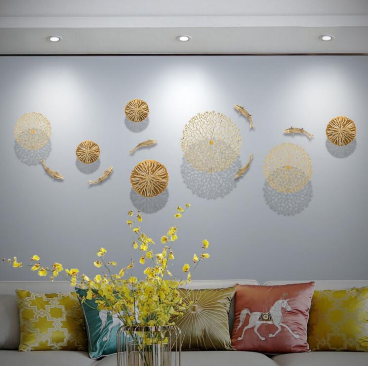 Metal Wall Art -  Background Wall Decoration Simulation Pond Goldfish Lotus Leaf Coral Golden Decoration