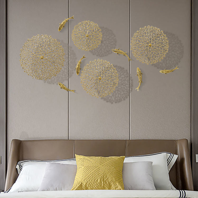 Metal Wall Art -  Background Wall Decoration Simulation Pond Goldfish Lotus Leaf Coral Golden Decoration