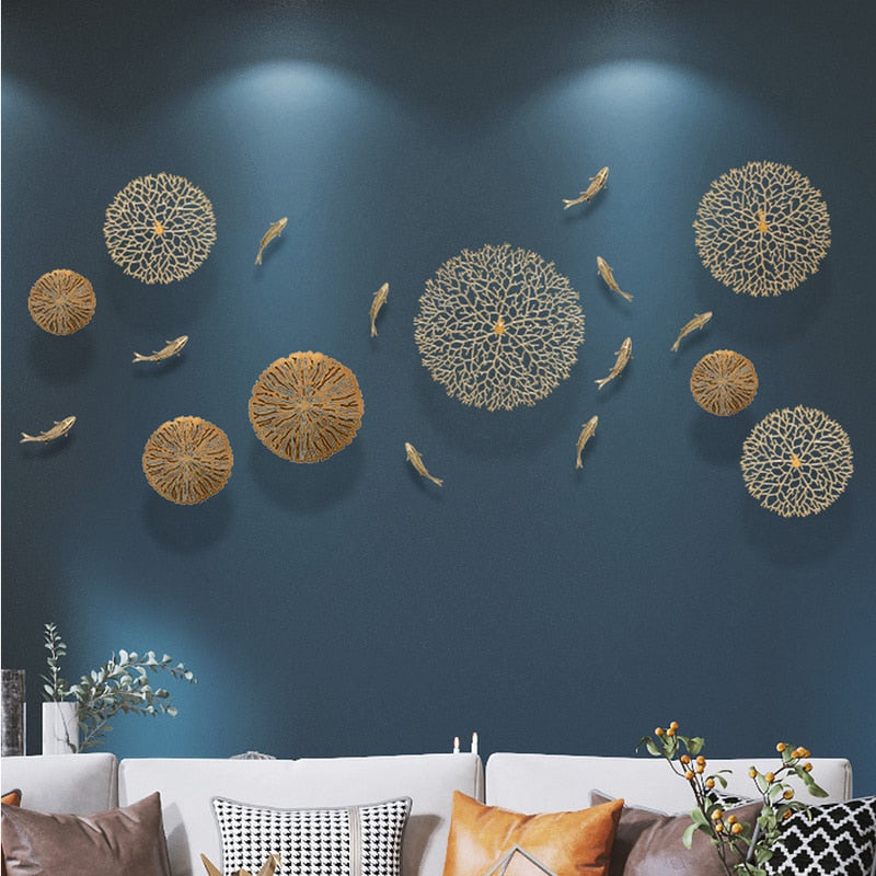 Metal Wall Art -  Background Wall Decoration Simulation Pond Goldfish Lotus Leaf Coral Golden Decoration